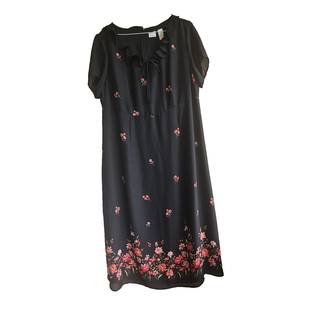 Black Floral Midi Dress Ladies 18W Ruffle Neckline Elegant Special Occasion